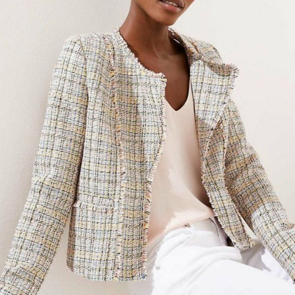 LOFT Frayed Edge Tweed Woven Lined Open Front Jacket with Pockets Women's Size 4